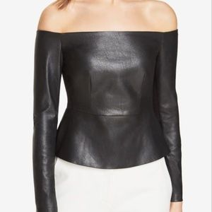BCBG Off Shoulder Faux Leather Peplum Top